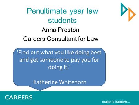 Penultimate year law students Anna Preston Careers Consultant for Law 'Find out what you like doing best and get someone to pay you for doing it.’ Katherine.