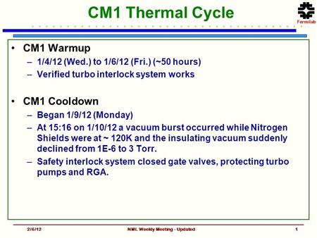 CM1 Thermal Cycle CM1 Warmup –1/4/12 (Wed.) to 1/6/12 (Fri.) (~50 hours) –Verified turbo interlock system works CM1 Cooldown –Began 1/9/12 (Monday) –At.