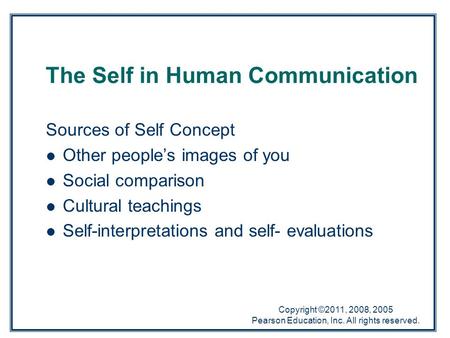 Copyright ©2011, 2008, 2005 Pearson Education, Inc. All rights reserved. The Self in Human Communication Sources of Self Concept Other people’s images.