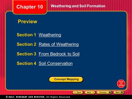 < BackNext >PreviewMain Weathering and Soil Formation Section 1 WeatheringWeathering Section 2 Rates of WeatheringRates of Weathering Section 3 From Bedrock.