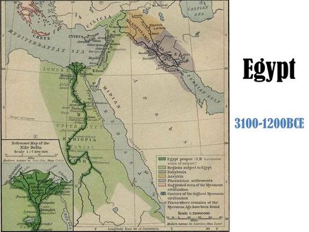 Egypt 3100-1200BCE. Geography North Africa on Mediterranean Sea – modern Egypt Nile River in North Africa Bounded by desert – Libyan Desert to west,