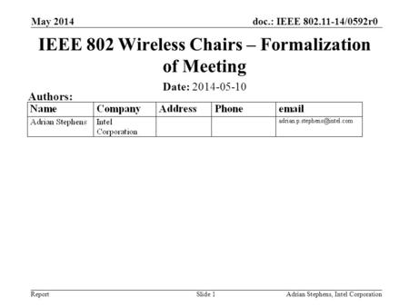 Doc.: IEEE 802.11-14/0592r0 Report May 2014 Adrian Stephens, Intel CorporationSlide 1 IEEE 802 Wireless Chairs – Formalization of Meeting Date: 2014-05-10.