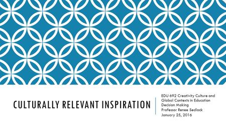CULTURALLY RELEVANT INSPIRATION EDU 692 Creativity Culture and Global Contexts in Education Decision Making Professor Renee Sedlack January 25, 2016.