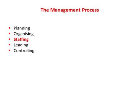 The Management Process  Planning  Organising  Staffing  Leading  Controlling.