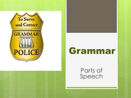 Grammar Parts of Speech. Nouns  A noun is the part of speech that names a person, place, thing or idea.  person – girl, man, James  place – school,