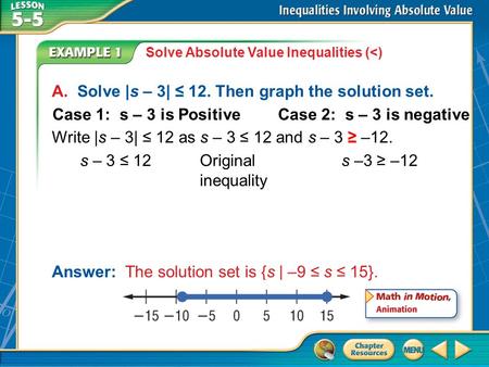 Example 1 Solve Absolute Value Inequalities (