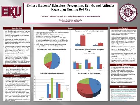 College Students’ Behaviors, Perceptions, Beliefs, and Attitudes Regarding Tanning Bed Use Fawna M. Playforth, BS; Laurie J. Larkin, PhD; & Laurel A. Mills,