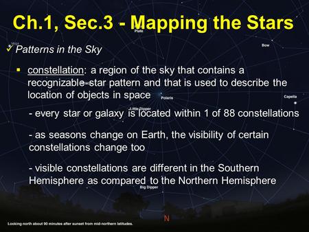 Ch.1, Sec.3 - Mapping the Stars Patterns in the Sky Patterns in the Sky  constellation: a region of the sky that contains a recognizable star pattern.