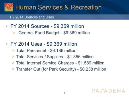1 Human Services & Recreation FY 2014 Sources - $9.369 million  General Fund Budget - $9.369 million FY 2014 Uses - $9.369 million >Total Personnel -