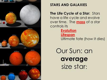 STARS AND GALAXIES The Life Cycle of a Star: Stars have a life cycle and evolve over time. The mass of a star controls its Evolution Lifespan Ultimate.