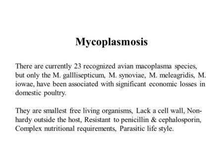 Mycoplasmosis There are currently 23 recognized avian macoplasma species, but only the M. galllisepticum, M. synoviae, M. meleagridis, M. iowae, have been.