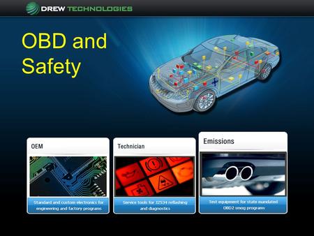 OBD and Safety. Drew Technologies Founded and incorporated in 1996 Core focus on vehicle communications and diagnostics Customers divided among 3 business.
