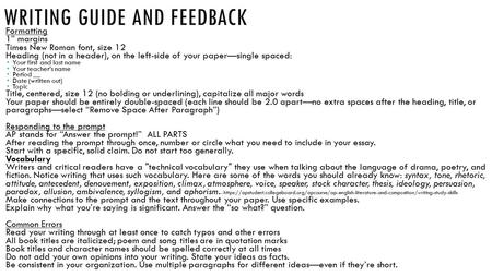 WRITING GUIDE AND FEEDBACK Formatting 1” margins Times New Roman font, size 12 Heading (not in a header), on the left-side of your paper—single spaced: