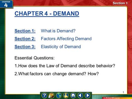 1 CHAPTER 4 - DEMAND Section 1:Section 1:What is Demand? Section 2:Section 2:Factors Affecting Demand Section 3:Section 3:Elasticity of Demand Essential.
