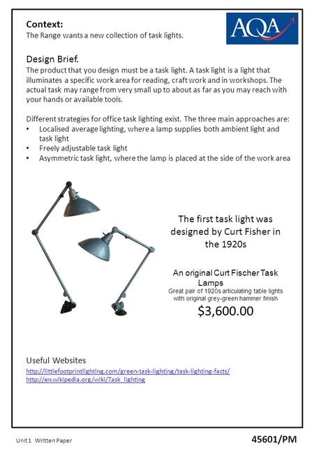 Context: The Range wants a new collection of task lights. Design Brief. The product that you design must be a task light. A task light is a light that.