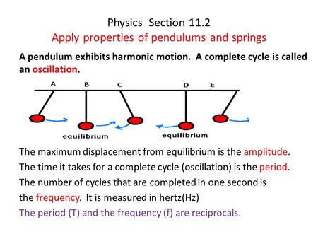Physics Section 11.2 Apply properties of pendulums and springs A pendulum exhibits harmonic motion. A complete cycle is called an oscillation. The maximum.