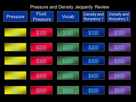 Pressure and Density Jeopardy Review Pressure Fluid Pressure Vocab Density and Buoyancy 1 Density and Buoyancy 2 $100 $200 $300 $400 $500 $400 $300 $100.