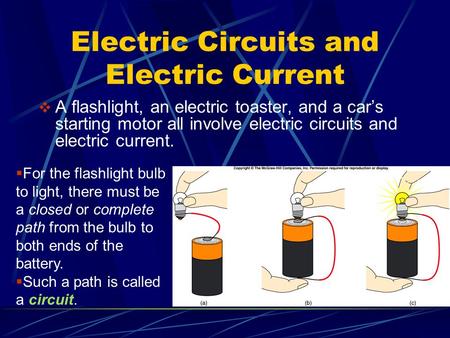 Electric Circuits and Electric Current  A flashlight, an electric toaster, and a car’s starting motor all involve electric circuits and electric current.