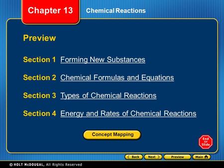 Chapter 13 Chemical Reactions Preview Section 1 Forming New SubstancesForming New Substances Section 2 Chemical Formulas and EquationsChemical Formulas.