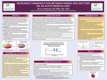 INCREASED COMMUNICATION BETWEEN NURSES AND DOCTORS ON AN ACUTE MEDICAL UNIT Nina Linebarger, RN, MSN, CNL, PHN School of Nursing & Health Professions,