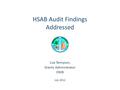 HSAB Audit Findings Addressed Lisa Tennyson, Grants Administrator OMB July 2012.