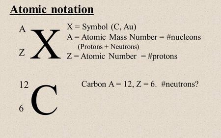 Atomic notation X A Z X = Symbol (C, Au) A = Atomic Mass Number = #nucleons (Protons + Neutrons) Z = Atomic Number = #protons C 12 6 Carbon A = 12, Z =