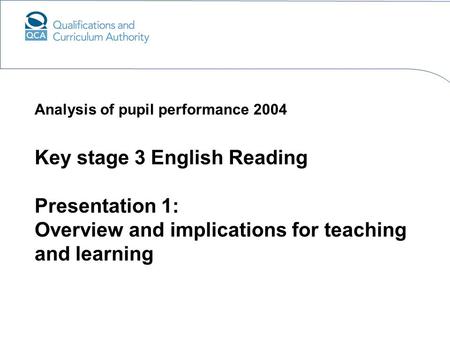 Key stage 3 English Reading Presentation 1: Overview and implications for teaching and learning Analysis of pupil performance 2004.