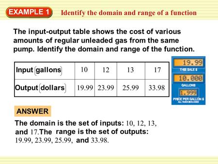 Warm-Up Exercises Identify the domain and range of a function EXAMPLE 1 The input-output table shows the cost of various amounts of regular unleaded gas.