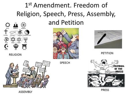 1 st Amendment. Freedom of Religion, Speech, Press, Assembly, and Petition RELIGION SPEECH PETITION ASSEMBLY PRESS.