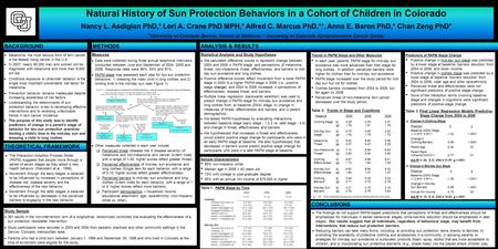 Printed by www.postersession.com Natural History of Sun Protection Behaviors in a Cohort of Children in Colorado Nancy L. Asdigian PhD,* Lori A. Crane.