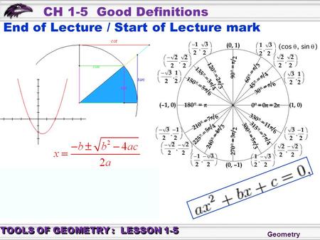 Geometry CH 1-5 Good Definitions TOOLS OF GEOMETRY : LESSON 1-5 End of Lecture / Start of Lecture mark.
