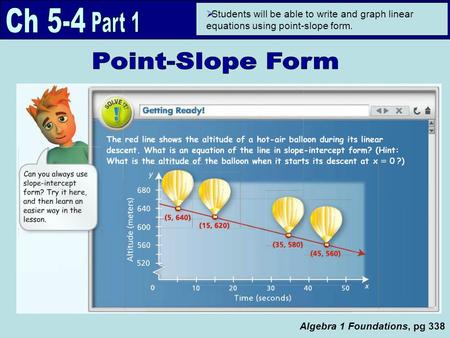 Algebra 1 Foundations, pg 338  Students will be able to write and graph linear equations using point-slope form.
