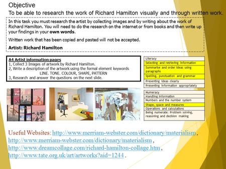 Objective To be able to research the work of Richard Hamilton visually and through written work. A4 Artist information pages 1, Collect 3 Images of artwork.