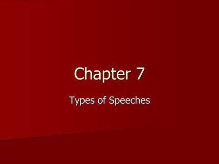 Chapter 7 Types of Speeches. Informative Speaking Communicates knowledge Communicates knowledge Provides new information Provides new information Provides.