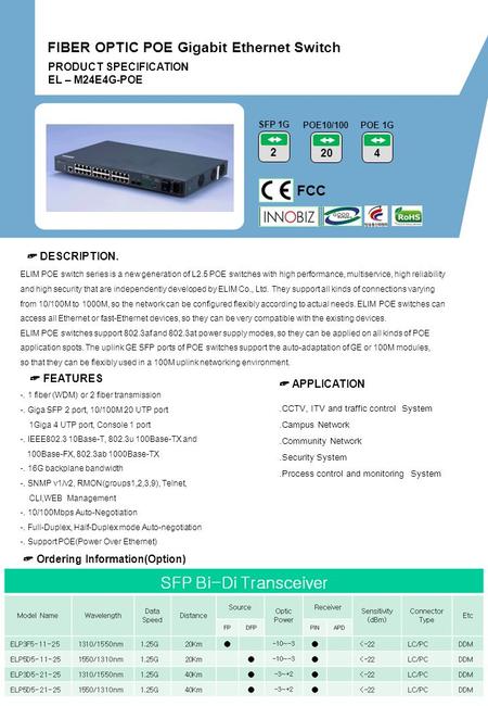 PRODUCT SPECIFICATION EL – M24E4G-POE FCC 2 SFP 1G 20 POE10/100 ☞ DESCRIPTION. ☞ FEATURES.CCTV, ITV and traffic control System.Campus Network.Community.