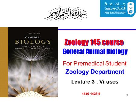1 Zoology 145 course General Animal Biology For Premedical Student 1436-1437H Zoology Department Lecture 3 : Viruses.