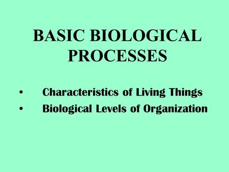 BASIC BIOLOGICAL PROCESSES Characteristics of Living Things Biological Levels of Organization.