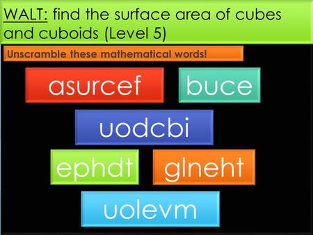 WALT: find the surface area of cubes and cuboids (Level 5) Unscramble these mathematical words! asurcefbuce uodcbi ephdtglneht uolevm.