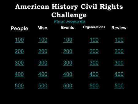 American History Civil Rights Challenge Final Jeopardy Final Jeopardy People Misc. Events Organizations Review 100 200 300 400 500.