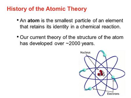 History of the Atomic Theory An atom is the smallest particle of an element that retains its identity in a chemical reaction. Our current theory of the.