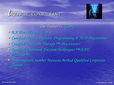T RIOWISE CONSULTANT The Trainer : C.K.Ong B.A Hons (Econs) U.M B.A Hons (Econs) U.M Certified Neuro Linguistic NLP Practitioner Certified.