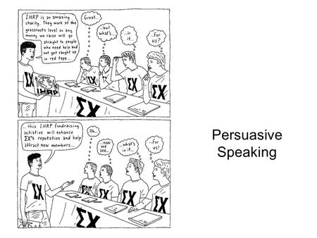 Persuasive Speaking. The nature of persuasive speeches Persuasive Speeches attempt to influence audience members Speakers want to: –have audience adopt.