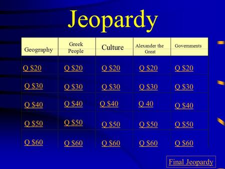 Jeopardy Geography Greek People Culture Alexander the Great Governments Q $20 Q $30 Q $40 Q $50 Q $60 Q $20 Q $30 Q $40 Q 40 Q $40 Q $50 Q $60 Final Jeopardy.