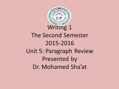 Writing 1 The Second Semester 2015-2016 Unit 5: Paragraph Review Presented by Dr. Mohamed Sha’at.