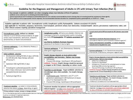 Guideline for the Diagnosis and Management of Adults in LTC with Urinary Tract Infection (Part 2) This is intended as a guide for evidence-based decision-making.