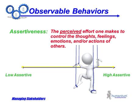 Managing Stakeholders Observable Behaviors The perceived effort one makes to control the thoughts, feelings, emotions, and/or actions of others. Assertiveness: