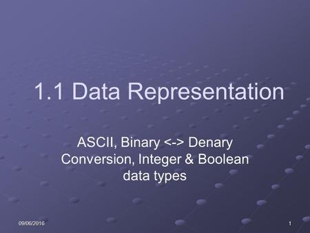 09/06/20161 1.1 Data Representation ASCII, Binary Denary Conversion, Integer & Boolean data types.