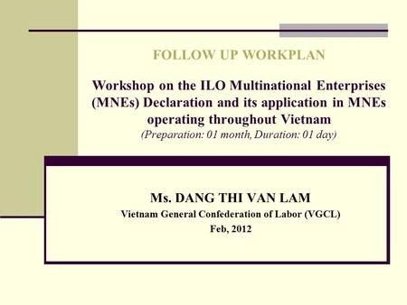 FOLLOW UP WORKPLAN Workshop on the ILO Multinational Enterprises (MNEs) Declaration and its application in MNEs operating throughout Vietnam (Preparation: