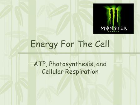 Energy For The Cell ATP, Photosynthesis, and Cellular Respiration.