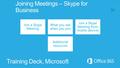 Joining Meetings – Skype for Business Training Deck, Microsoft Join a Skype Meeting What you see when you join Join a Skype Meeting from mobile devices.